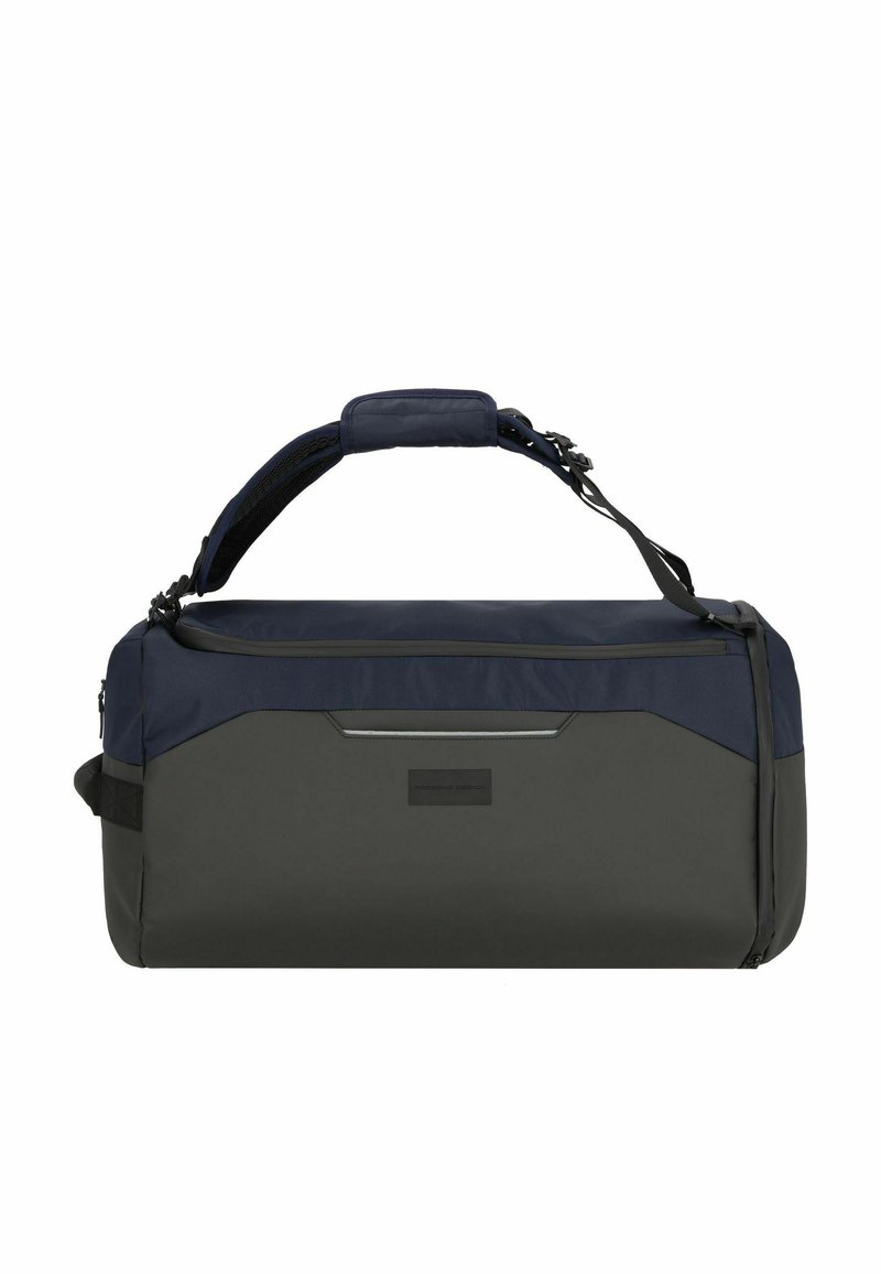 Borsa a tracolla nera e blu con spallaccio regolabile imbottito e chiusura a zip, con un piccolo logo sulla parte anteriore.