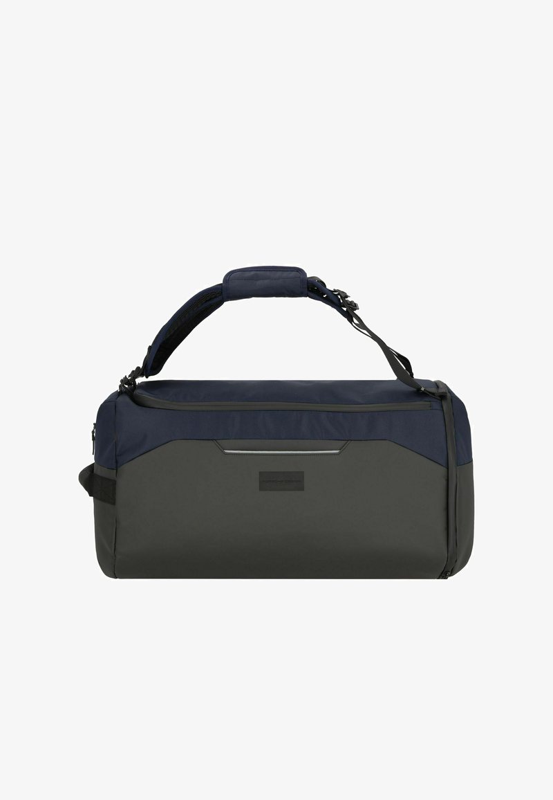 Borsa a tracolla nera e blu con spallaccio regolabile imbottito e chiusura a zip, con un piccolo logo sulla parte anteriore.
