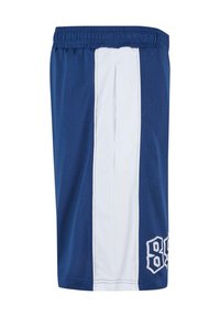 Blå sportsshorts med hvid stribe, elastisk talje, sidelomme og broderet nummer "88" nederst til venstre.