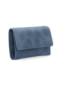 Blue leather wallet with a textured finish, featuring a flap closure and embossed logo on the front. Compact rectangular shape.