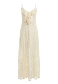 Robe longue en dentelle crème avec un col volanté, des bretelles fines spaghetti et une jupe fluide ornée de motifs floraux délicats.