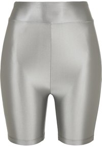 Silverfärgade högmidjade cykelshorts i ett mjukt, reflekterande tyg. Har en säker midjeelasticitet och symmetrisk klippning utan några ytterligare detaljer.