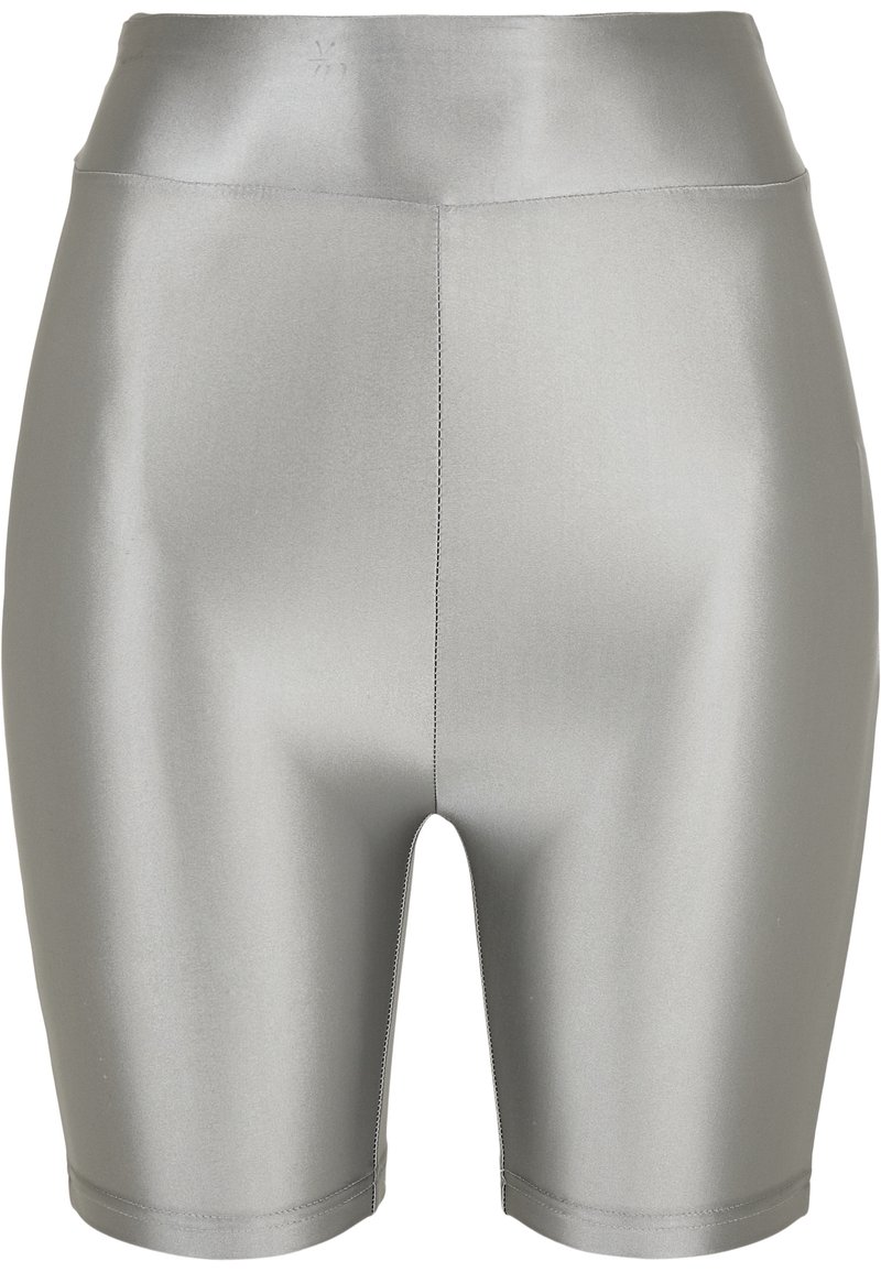 Silverfärgade högmidjade cykelshorts i ett mjukt, reflekterande tyg. Har en säker midjeelasticitet och symmetrisk klippning utan några ytterligare detaljer.