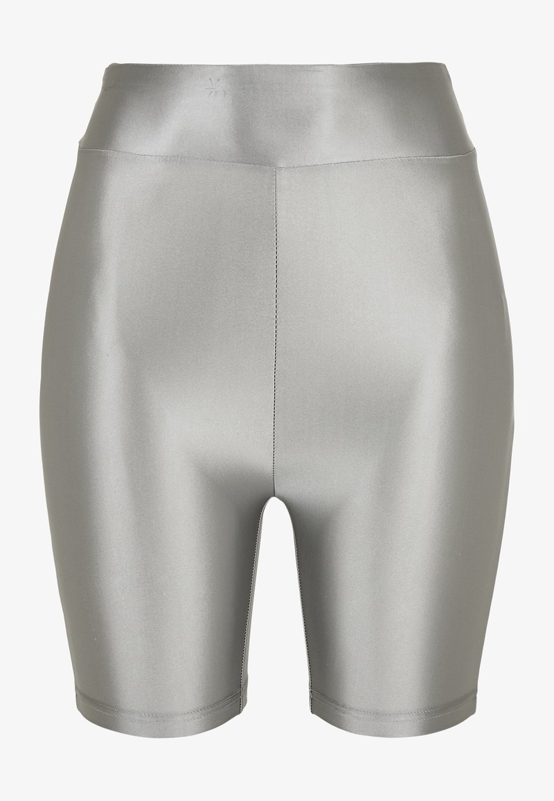 Silver high-waisted bike shorts made of smooth, reflective fabric. Features a secure waistband and symmetrical cut with no additional details.