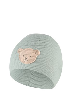 Light green knit baby hat with a small beige embroidered teddy bear face on the front center.
