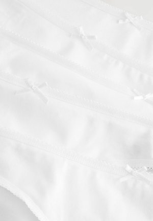 Baltos medvilninės kelnaitės su lygiu paviršiumi, dekoruotos mažomis kaspinėlių detalėmis ir nėrinių apdaila juostos srityje, kad suteiktų papildomo akcento.