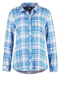 Chemise à carreaux bleue et blanche avec manches longues, devant boutonné, col et poche. Matière en coton avec texture lisse et ourlet arrondi.