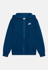 Polaire bleu marine à fermeture éclair fabriquée en tissu doux, dotée d'une poche kangourou, de poignets côtelés et d'un logo Nike blanc sur la poitrine.