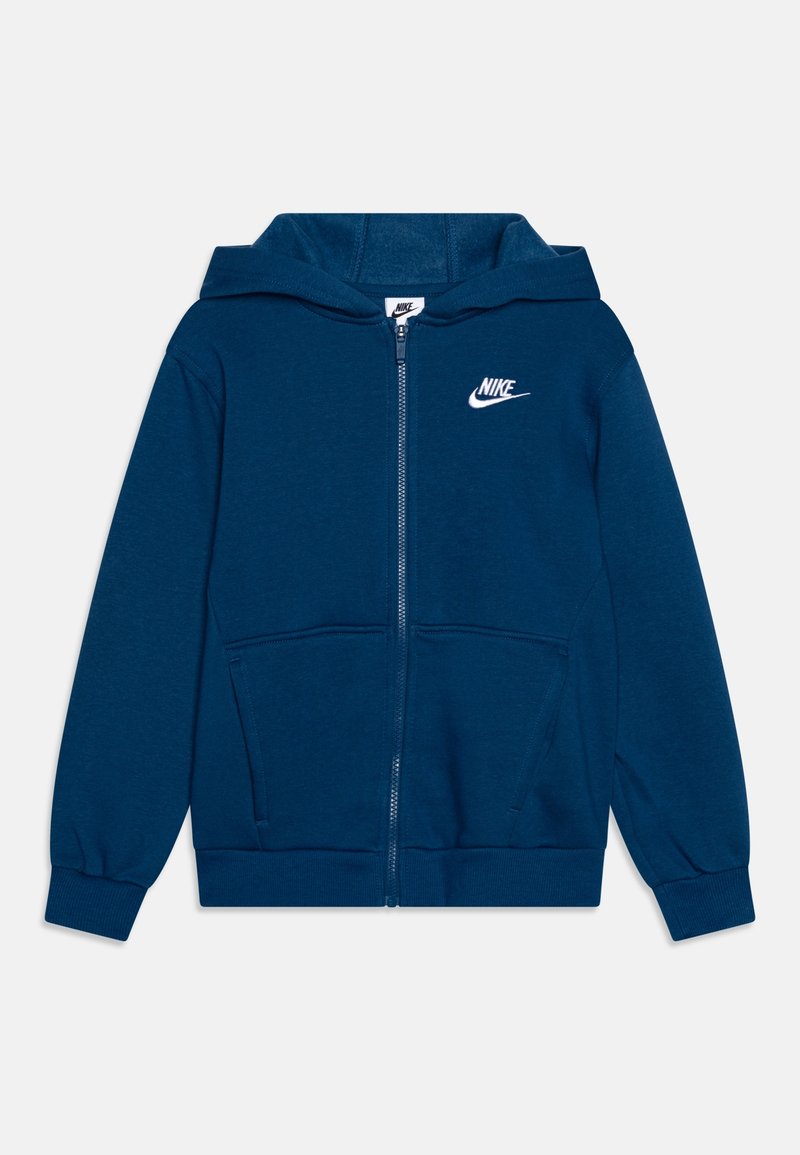 Polaire bleu marine à fermeture éclair fabriquée en tissu doux, dotée d'une poche kangourou, de poignets côtelés et d'un logo Nike blanc sur la poitrine.