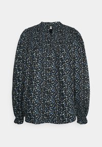 Blusa preta de mangas longas com padrão floral em azul e branco, apresentando um decote franzido e punhos elásticos. Detalhe em forma de lágrima nas costas.
