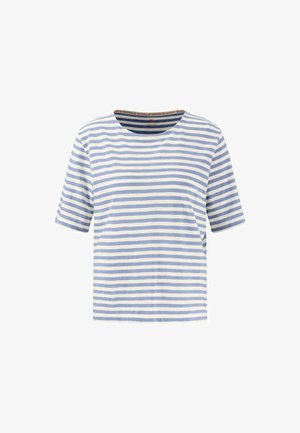 Short-sleeve, crew-neck T-shirt in white and light blue stripes, made of soft cotton fabric with a slightly loose fit for comfort.