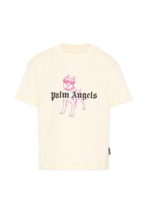 Kremowy T-shirt z różową ilustracją psa w okularach przeciwsłonecznych oraz napisem "Palm Angels" w czarnym gotyckim stylu na piersi.