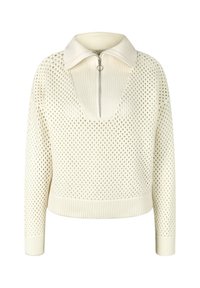 Maglione a maglia color crema con vestibilità ampia, scollo a V profondo, grande colletto e zip frontale. Presenta un design aperto a trama testurizzata.