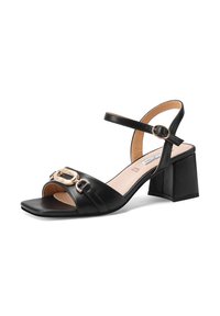 Sandali neri in pelle con tacco a blocco, design con punta aperta, cinturino alla caviglia regolabile e dettagli in metallo oro. Texture liscia.