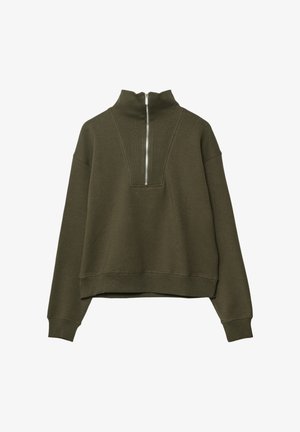 Olive green cropped sweatshirt with a high collar and half-zip front. Features ribbed accents and slightly oversized sleeves. Soft texture.