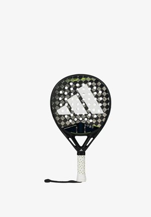 Black paddle racket with a textured surface, featuring a diamond pattern and perforations, white grip with colorful dots, and a wrist strap.