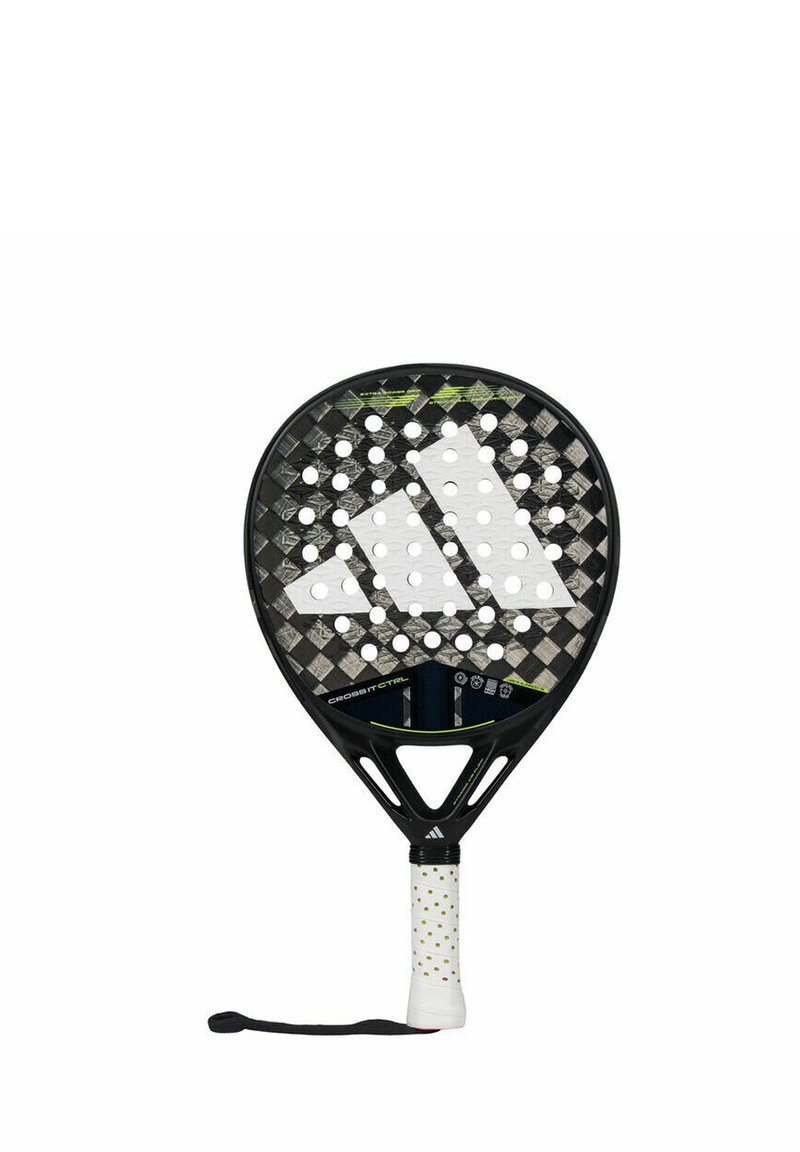 Black paddle racket with a textured surface, featuring a diamond pattern and perforations, white grip with colorful dots, and a wrist strap.