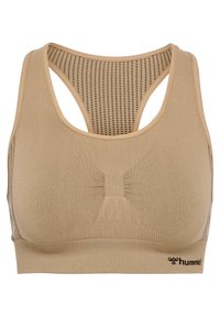 Beige sportbeha met een mesh racerback, geribbelde textuur en subtiele plooidetails aan de voorkant. Hummel-logo in het zwart aan de onderkant.