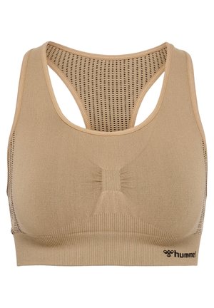 Beige sports-bh med mesh racerback, ribbet textur og subtil samling detalje foran. Hummel-logo i sort forneden.