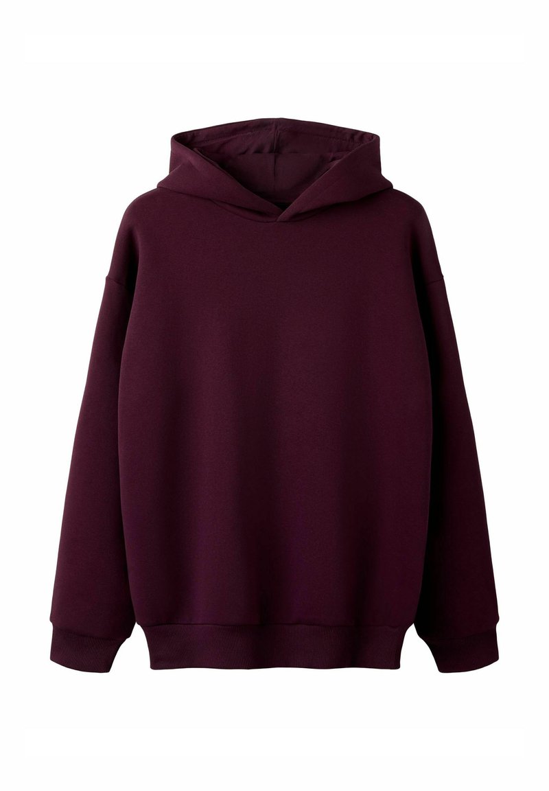 Bordowa bluza z kapturem wykonana z miękkiej tkaniny o luźnym kroju. Posiada duży kaptur oraz ściągacze na rękawach i dole dla większego komfortu. Prosty, gładki wzór.
