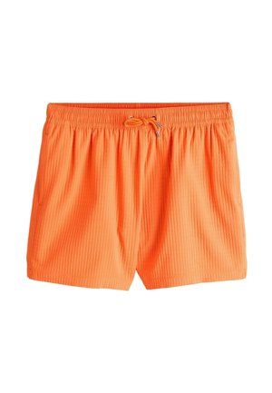 Shorts de baie bărbătești de un portocaliu aprins, cu talie elastică și șnur frontal, confecționați dintr-un material texturat și prevăzuți cu buzunare laterale.