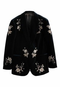 Black velvet blazer with silver floral embroidery, shawl collar, two front pockets, and a single button closure. Inside pocket detail visible.