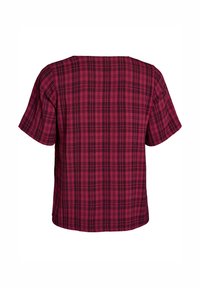 Korte mouwen top in een rood en zwart geblokt patroon, gemaakt van textuurstof, met een boxy snit en een brede halslijn. Achteraanzicht weergegeven.