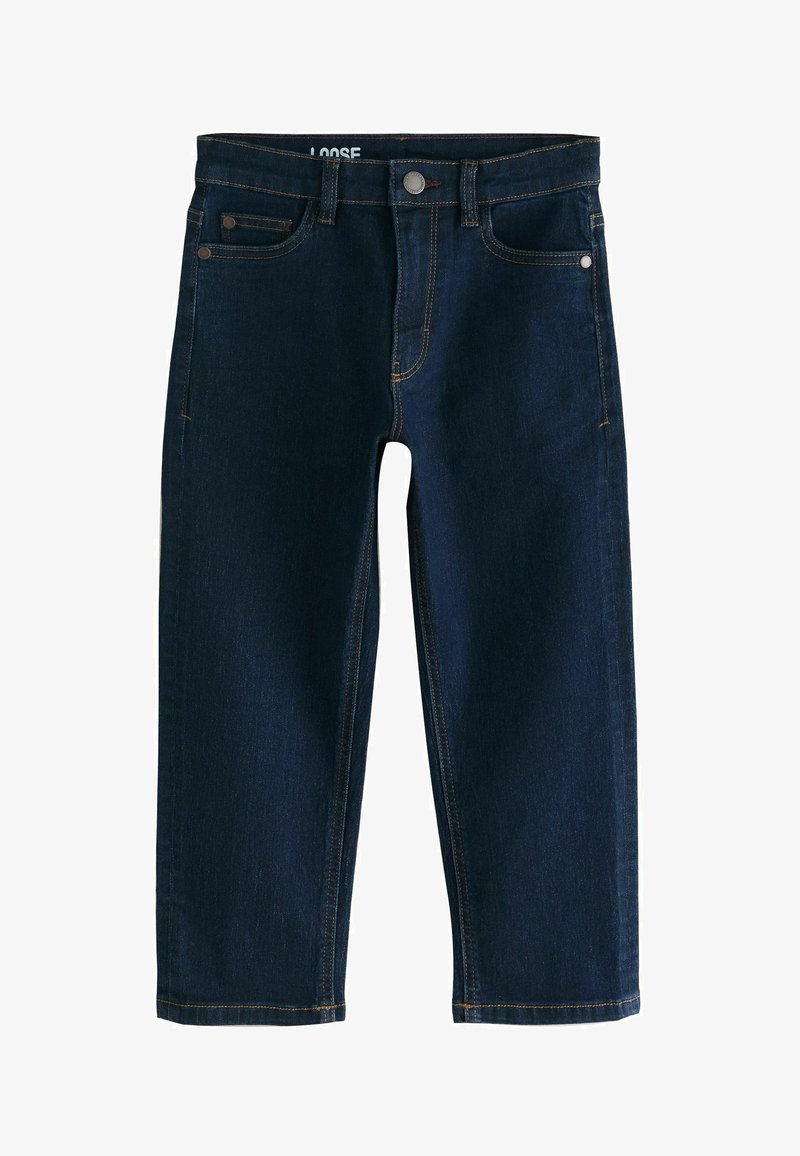 Jeans di denim blu scuro a vestibilità ampia con bottoni frontali, cerniera e design a cinque tasche, con cuciture a contrasto lungo le cuciture e gli orli.