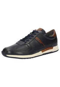 Leren sneaker in navy en bruin met een glad oppervlak, ronde neus, vetersluiting en een contrasterende witte buitenzool.