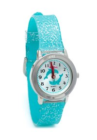 Montre en silicone turquoise avec paillettes, boîtier argenté, cadran blanc et aiguille des secondes rouge. Comprend des graphiques de dauphins et des marquages clairs.