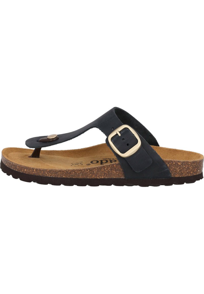 Infradito in pelle nera con suola in sughero, fibbia regolabile e cinturini a trama liscia. Design leggero con suola resistente.