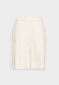 Béžové lněné kraťasy s přímým střihem, vysokým pasem a bez viditelného kovového zapínání. Látka má jemnou strukturu a přírodní vzhled.