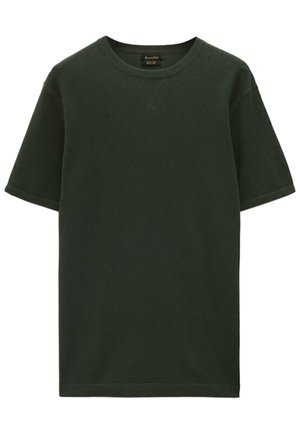 Dark green, short-sleeve t-shirt with a textured pattern, crew neck, and straight hem. Made from soft fabric with a relaxed fit.