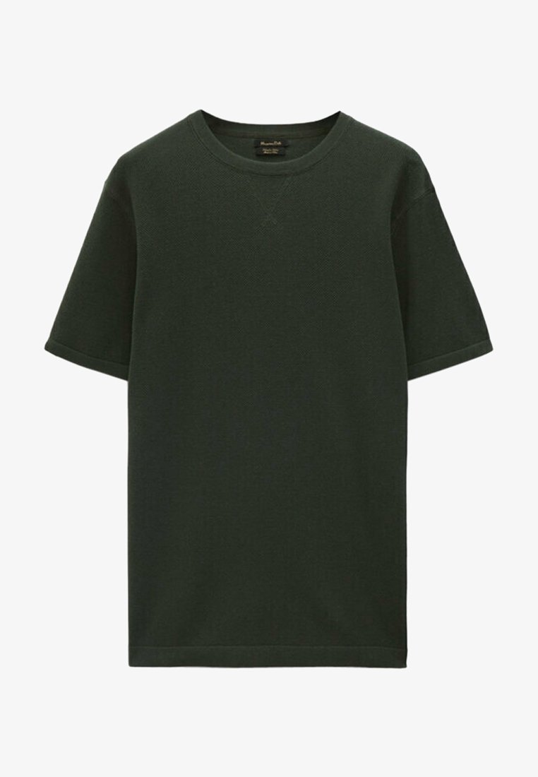 T-shirt vert foncé à manches courtes avec un motif texturé, col rond et ourlet droit. Confectionné en tissu doux avec une coupe décontractée.
