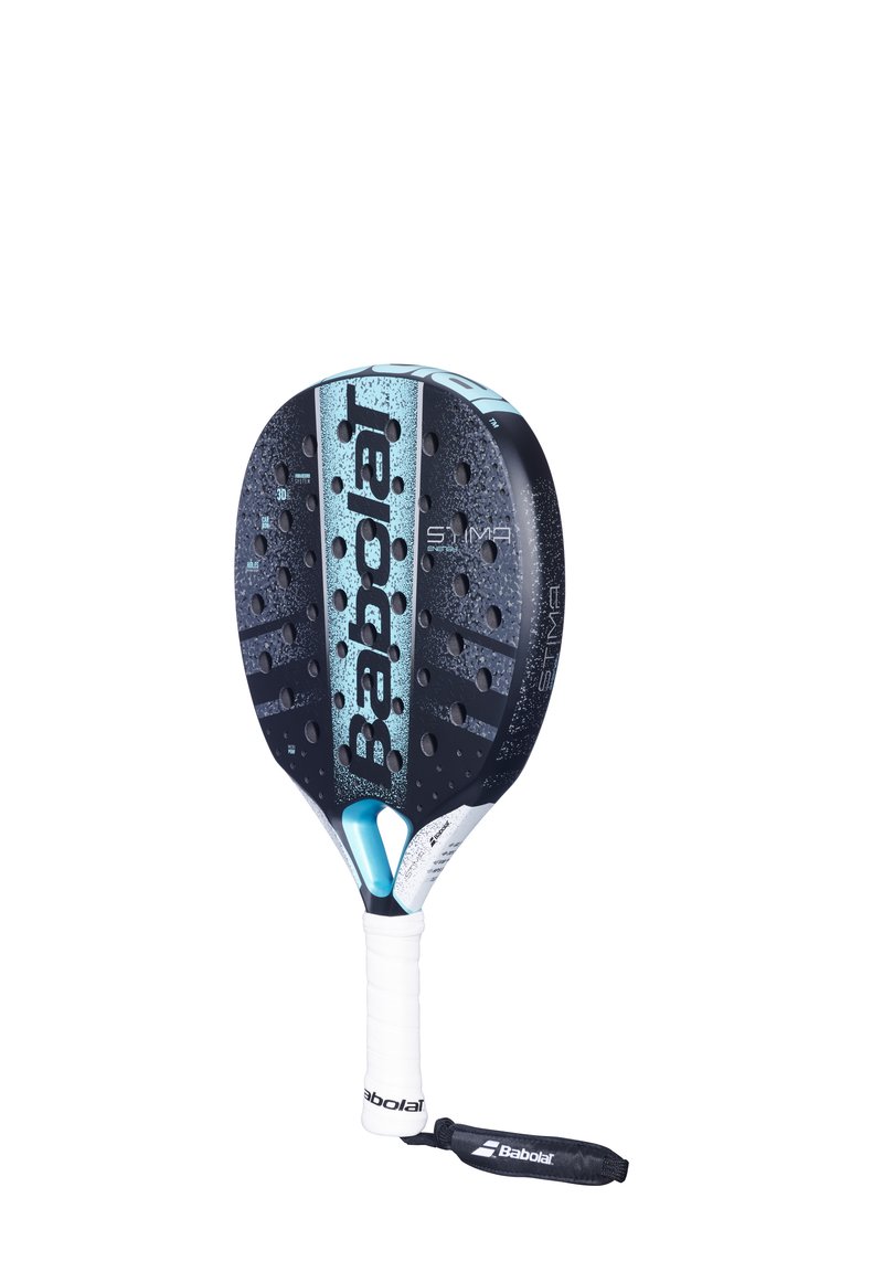 Babolat paddle med rundt hoved, der har et blåt og sort farveskema, struktureret overflade og perforeringer for bedre greb. Hvidt håndtag med rem.