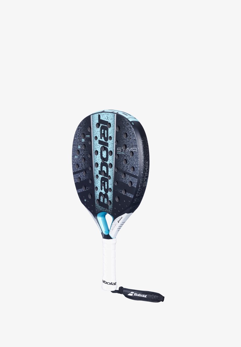 Babolat paddle med rundt hoved, der har et blåt og sort farveskema, struktureret overflade og perforeringer for bedre greb. Hvidt håndtag med rem.