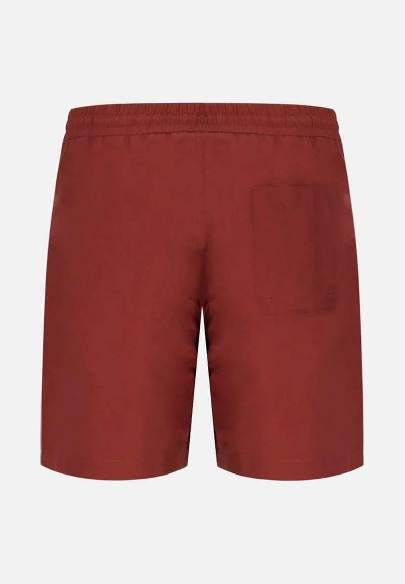 Rote Shorts mit elastischem Bund und einer Gesäßtasche auf der rechten Seite, vor einem schlichten hellen Hintergrund dargestellt.