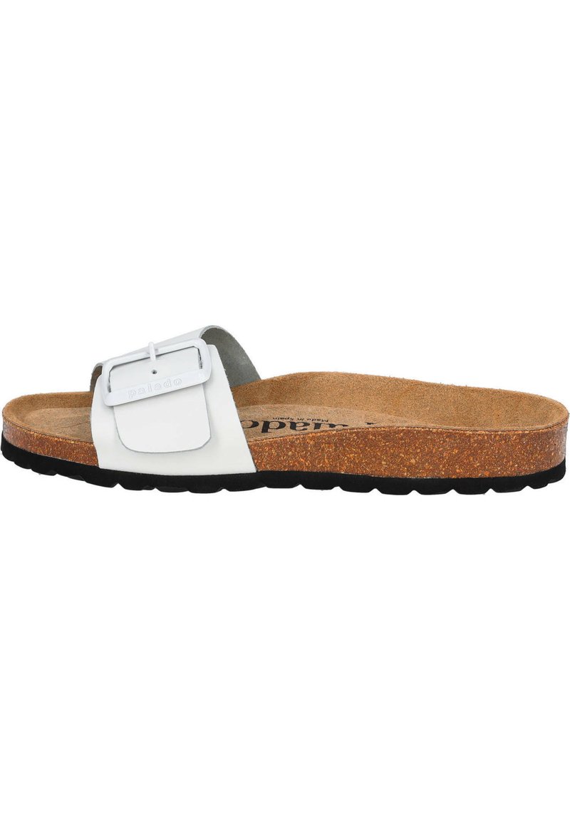 Sandali bianchi in slide con una larga fascia e una fibbia rettangolare. Sottopiede in sughero con texture marrone, suola in gomma nera, design semplice.