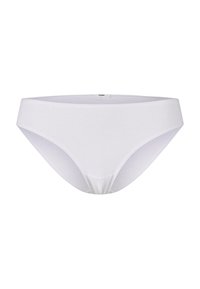 Un bikini en coton blanc avec un design sans couture, une texture douce et une couverture modérée, doté d'une taille fine. Pas de matériel visible.