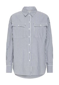Striped button-up shirt in navy and white. Features two chest pockets, long sleeves, and a curved hem with a relaxed fit.