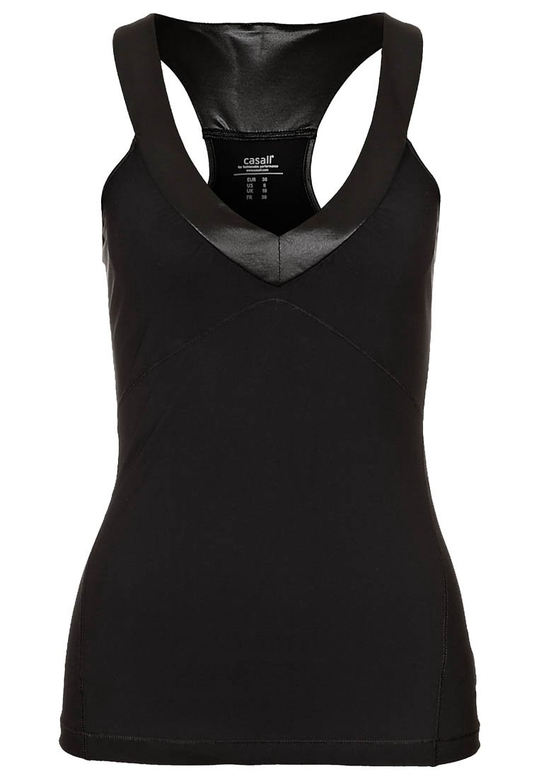 Top deportivo sin mangas para mujer negra, con tirantes anchos y detalle en V brillante, etiqueta de talla visible en el cuello trasero.