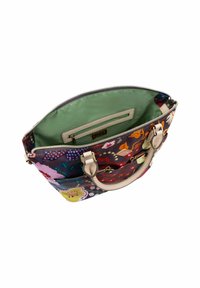 Tasche mit Blumenmuster und beigen Griffen, grünem Stoffinnenraum, Reißverschlussfach innen und vorderem Reißverschlussfach.