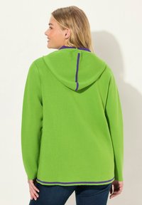 Felpa verde con cappuccio e accenti viola sul cappuccio e sull'orlo. Texture morbida, maniche lunghe e vestibilità rilassata. Dettaglio di cucitura visibile.