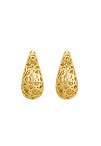 Boucles d'oreilles en forme de goutte d'eau en ton or avec un design en openwork complexe et une texture lisse. Caractérisées par un motif découpé sur l'ensemble.