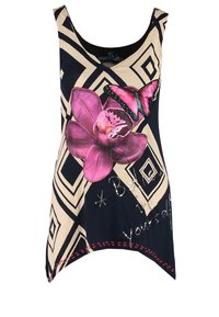 Sleeveless top in navy blue and beige featuring a geometric pattern. Includes a pink flower and butterfly graphic with decorative stitching.