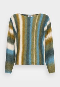 Wielokolorowy sweter o luźnym kroju, z szerokimi poziomymi paskami w odcieniach teal, oliwkowym, kremowym i brązowym. Miękka, teksturowana tkanina.