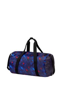 Borsa a tracolla blu e nera con un motivo geometrico rosso e blu. Presenta manici neri robusti e una chiusura con zip.