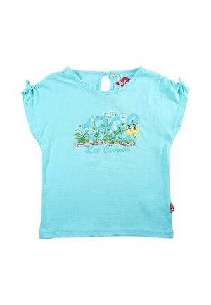 T-shirt bébé bleu clair à manches courtes nouées aux extrémités, imprimé floral et papillon, fermeture avec bouton en trou de serrure au dos du col.
