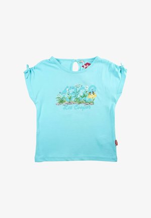 T-shirt bébé bleu clair à manches courtes nouées aux extrémités, imprimé floral et papillon, fermeture avec bouton en trou de serrure au dos du col.