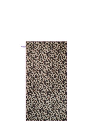 Rectangular fabric with leopard print pattern in beige, black, and brown, edged with pink trim and a small purple hanging loop.